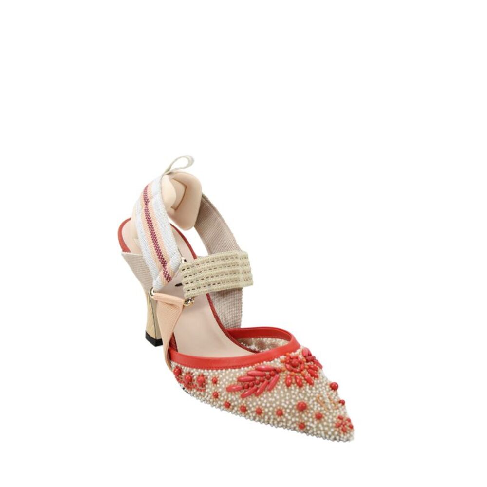 Fendi Womens Colibri Beaded Mesh Slingback Pump Heels Beige Size 5